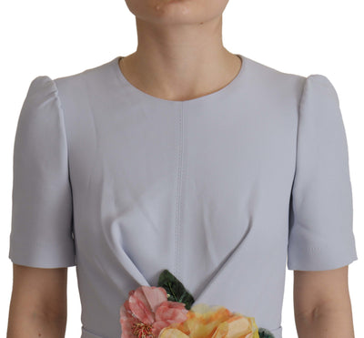 Dolce & Gabbana Blaues Midi-Kleid aus Viskose mit Blumenapplikationen