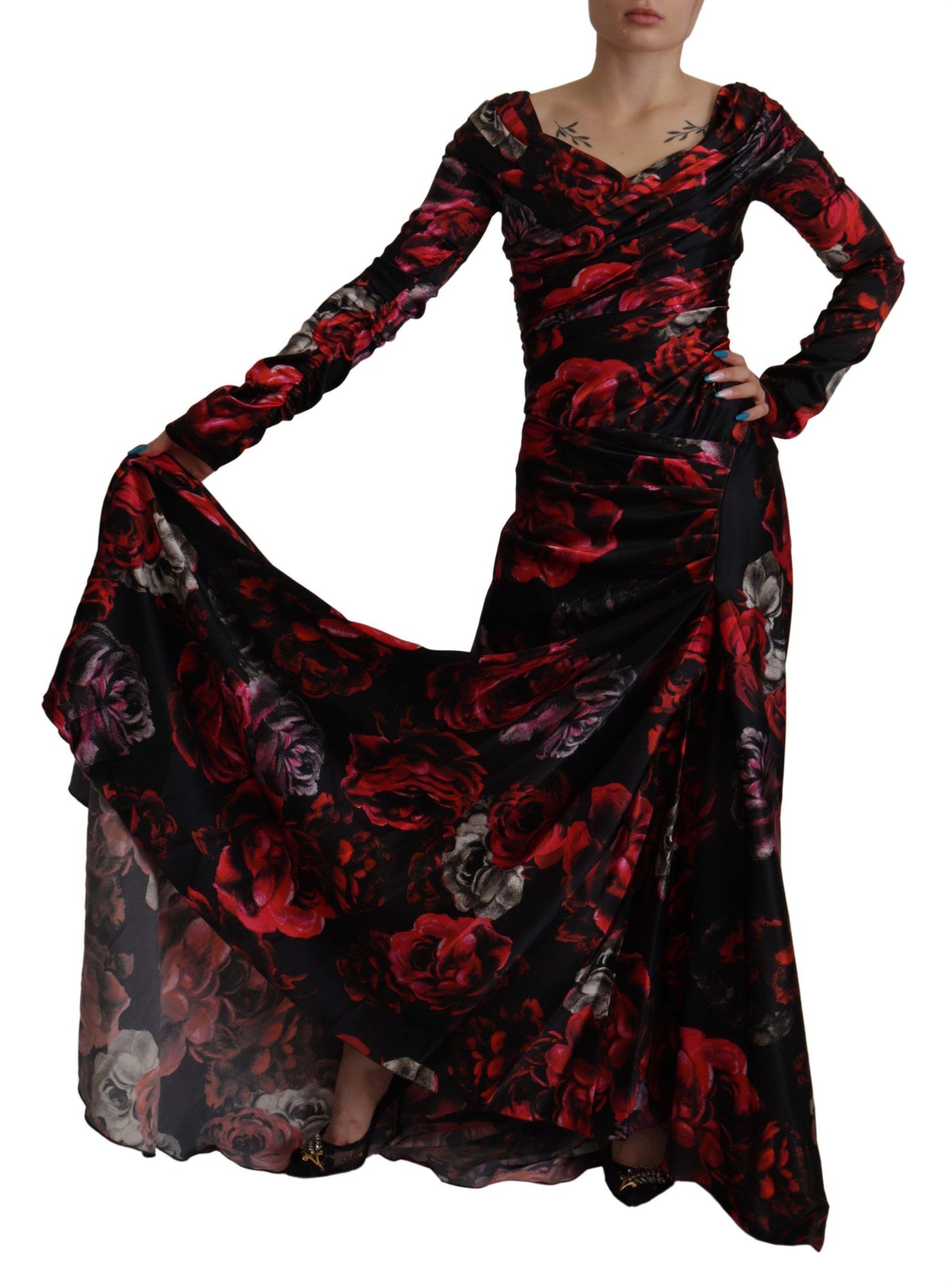 Dolce & Gabbana Schwarzes geblümtes Rosen A-Linien Etuikleid