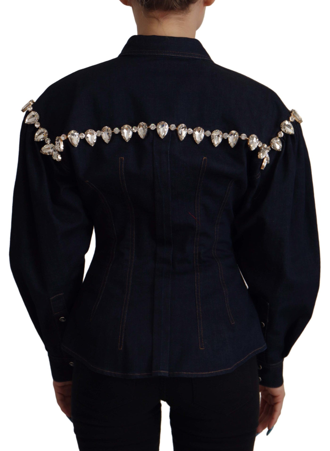 Dolce & Gabbana Blaue Denim Jacke aus Baumwolle mit Kristallverzierung