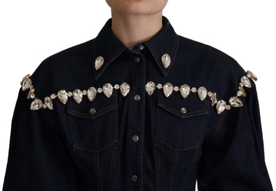 Dolce & Gabbana Blaue Denim Jacke aus Baumwolle mit Kristallverzierung