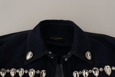 Dolce & Gabbana Blaue Denim Jacke aus Baumwolle mit Kristallverzierung