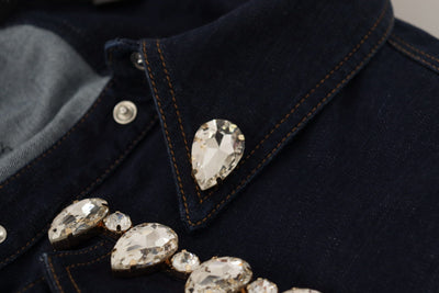 Dolce & Gabbana Blaue Denim Jacke aus Baumwolle mit Kristallverzierung