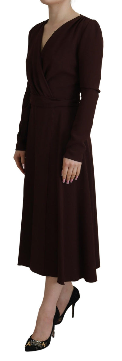Dolce & Gabbana Braunes langärmeliges Midi-Stretch-Kleid mit Wickeloptik