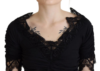 Dolce & Gabbana Schwarzes Midi-Bodycon-Kleid aus Seide mit Spitze