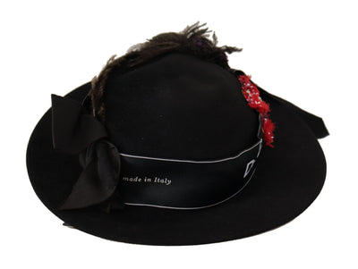 Dolce & Gabbana Schwarzer Lapil Kristall Herz Feder Brosche Fedora Hut