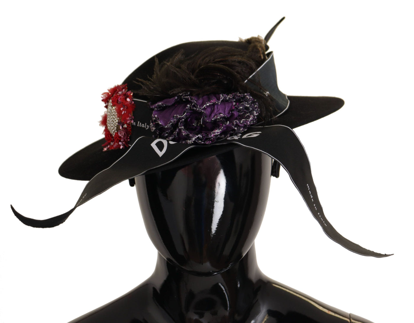Dolce & Gabbana Schwarzer Lapil Kristall Herz Feder Brosche Fedora Hut