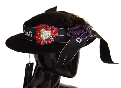 Dolce & Gabbana Schwarzer Lapil Kristall Herz Feder Brosche Fedora Hut