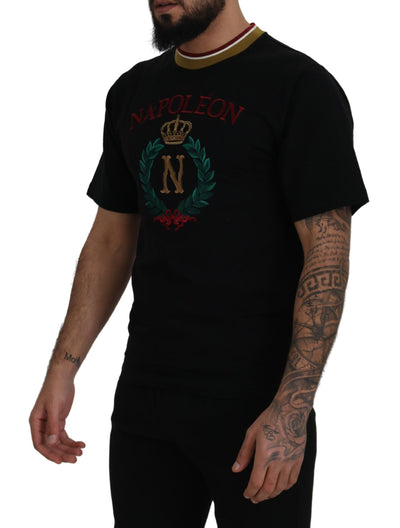 Dolce & Gabbana Schwarzes T-Shirt mit besticktem Rundhalsausschnitt aus Baumwolle