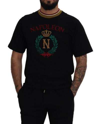 Dolce & Gabbana Schwarzes T-Shirt mit besticktem Rundhalsausschnitt aus Baumwolle