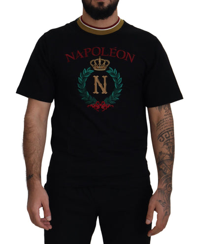 Dolce & Gabbana Schwarzes T-Shirt mit besticktem Rundhalsausschnitt aus Baumwolle