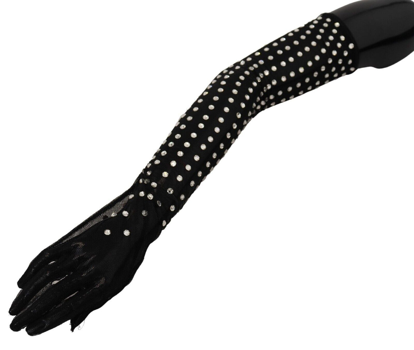 Dolce & Gabbana Schwarzer Kristall Ellenbogenlange Handschuhe aus Baumwolltulle