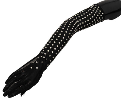 Dolce & Gabbana Schwarzer Kristall Ellenbogenlange Handschuhe aus Baumwolltulle