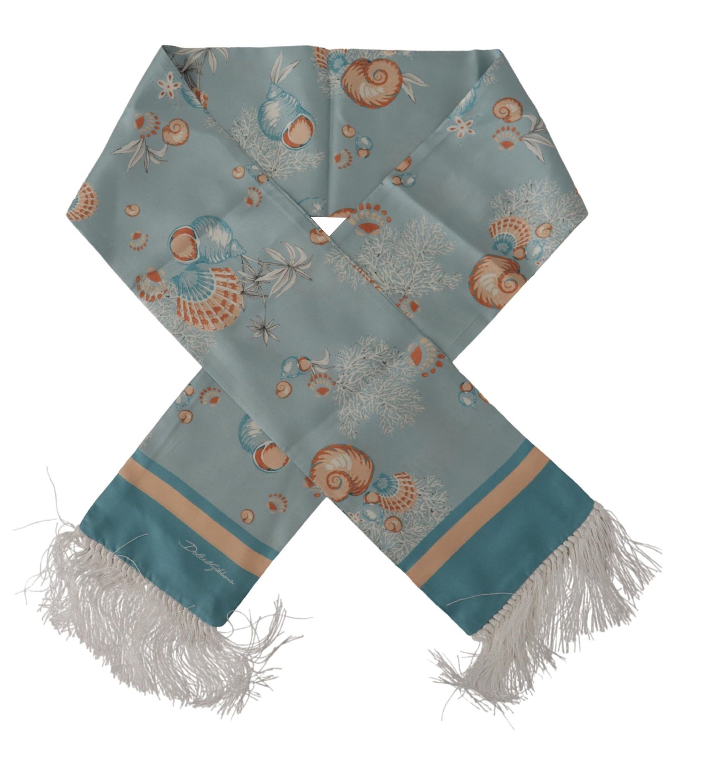 Dolce & Gabbana Blauer Seidenschimmernder Muscheldruck Halswickelschal mit Fransen