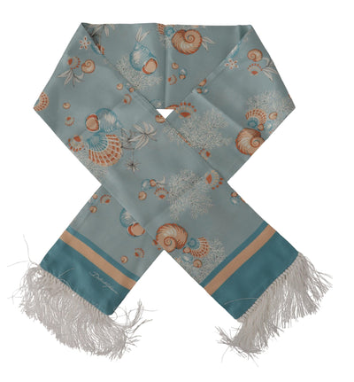 Dolce & Gabbana Blauer Seidenschimmernder Muscheldruck Halswickelschal mit Fransen