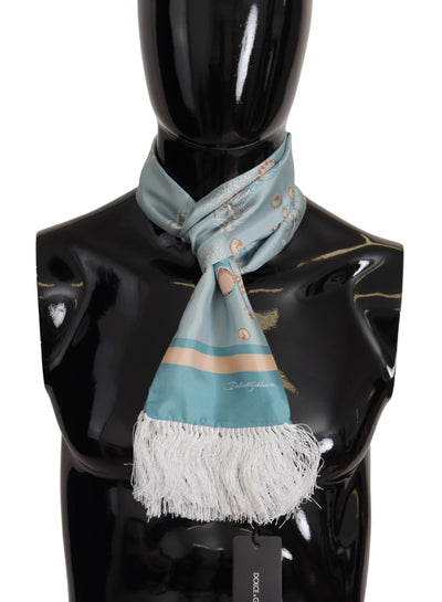 Dolce & Gabbana Blauer Seidenschimmernder Muscheldruck Halswickelschal mit Fransen