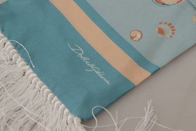Dolce & Gabbana Blauer Seidenschimmernder Muscheldruck Halswickelschal mit Fransen