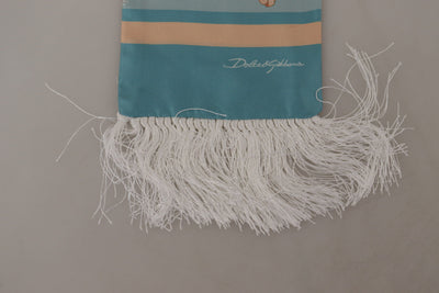 Dolce & Gabbana Blauer Seidenschimmernder Muscheldruck Halswickelschal mit Fransen