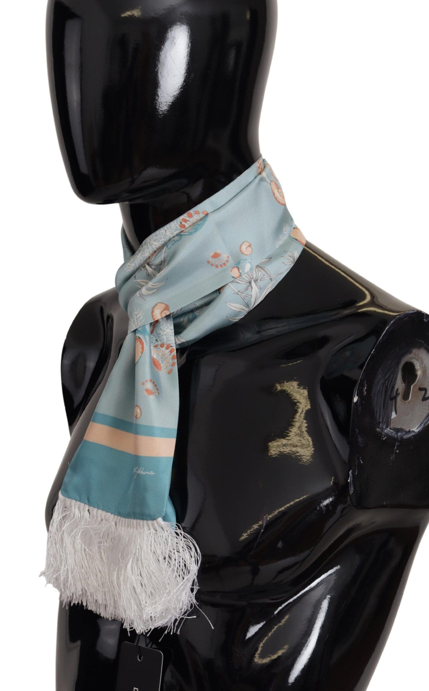 Dolce & Gabbana Blauer Seidenschimmernder Muscheldruck Halswickelschal mit Fransen