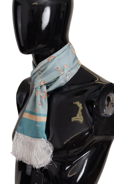 Dolce & Gabbana Blauer Seidenschimmernder Muscheldruck Halswickelschal mit Fransen