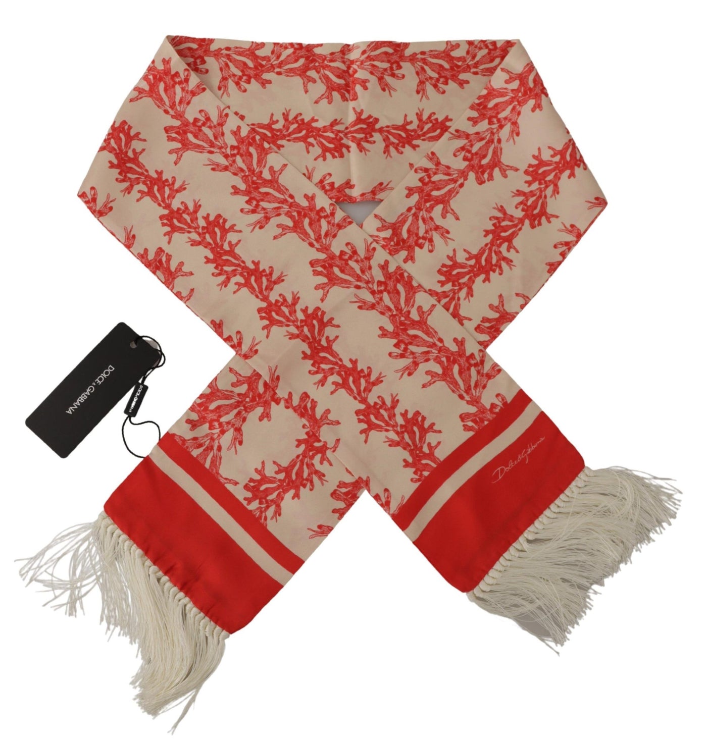 Dolce & Gabbana Weiß Rot Korallen Print Schal Wrap Fransenschal