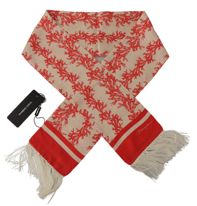 Dolce & Gabbana Weiß Rot Korallen Print Schal Wrap Fransenschal