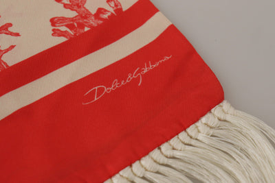 Dolce & Gabbana Weiß Rot Korallen Print Schal Wrap Fransenschal