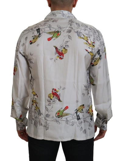 Dolce & Gabbana Weißes Seidensatinhemd mit Vogelmotiv