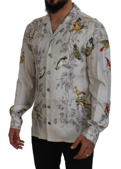 Dolce & Gabbana Weißes Seidensatinhemd mit Vogelmotiv