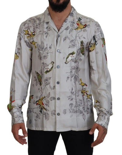 Dolce & Gabbana Weißes Seidensatinhemd mit Vogelmotiv