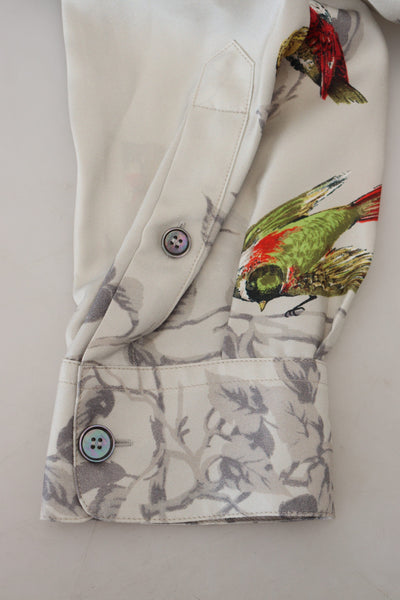 Dolce & Gabbana Weißes Seidensatinhemd mit Vogelmotiv