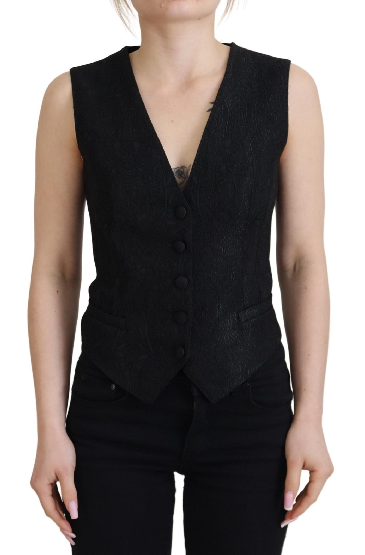 Dolce & Gabbana Schwarzer Brokat Button Down Ärmellose Weste