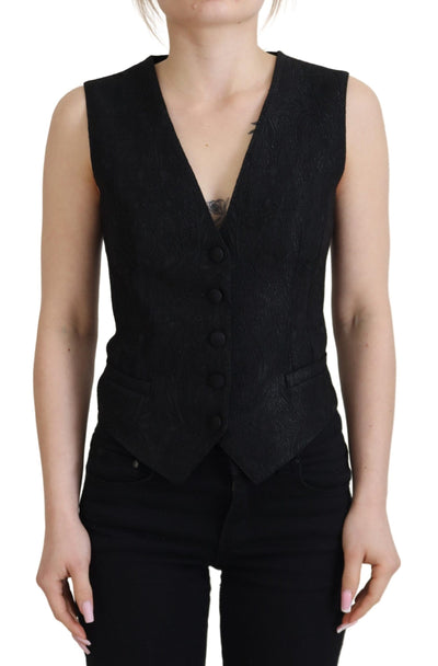 Dolce & Gabbana Schwarzer Brokat Button Down Ärmellose Weste