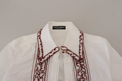Dolce & Gabbana Weißes Spitzen-Top mit langen Ärmeln und Rüschenkragen