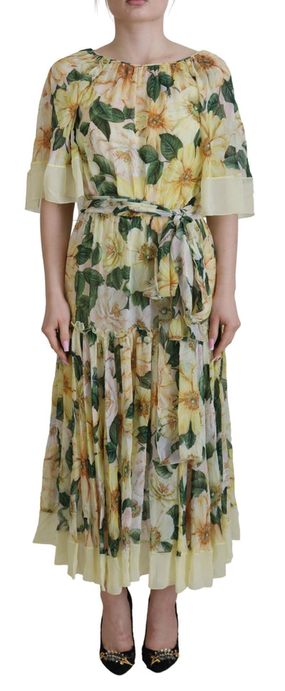 Dolce & Gabbana Gelbes Maxikleid mit Blumendruck und Plissee aus Seide