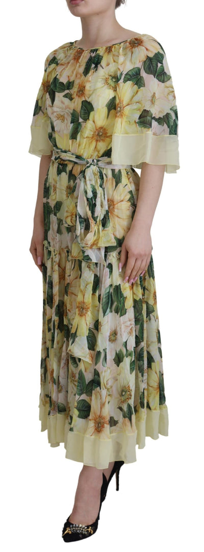 Dolce & Gabbana Gelbes Maxikleid mit Blumendruck und Plissee aus Seide
