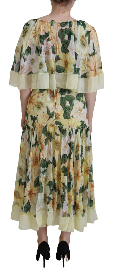 Dolce & Gabbana Gelbes Maxikleid mit Blumendruck und Plissee aus Seide