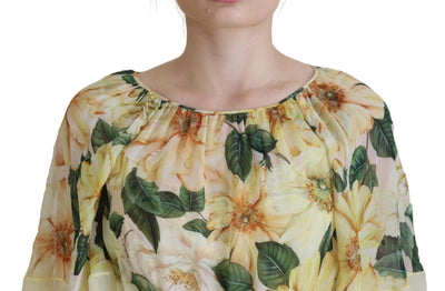 Dolce & Gabbana Gelbes Maxikleid mit Blumendruck und Plissee aus Seide