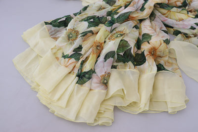 Dolce & Gabbana Gelbes Maxikleid mit Blumendruck und Plissee aus Seide