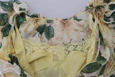 Dolce & Gabbana Gelbes Maxikleid mit Blumendruck und Plissee aus Seide