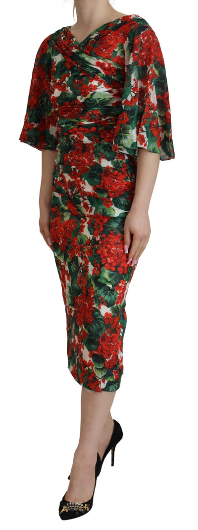 Dolce & Gabbana Multicolor Geranium Seidenmantel Midikleid