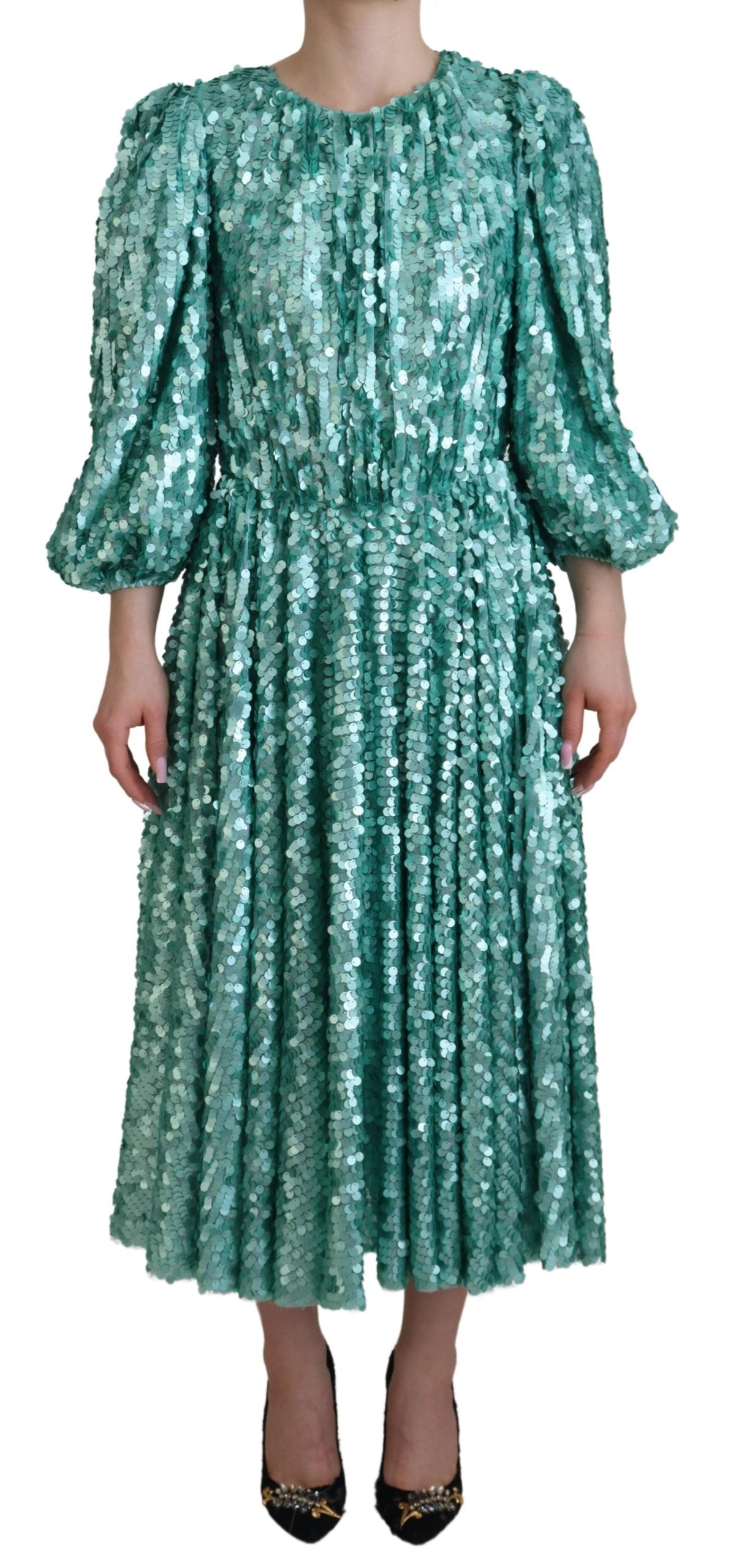 Dolce & Gabbana Blaues paillettenbesetztes plissiertes Aline Midi-Nylonkleid