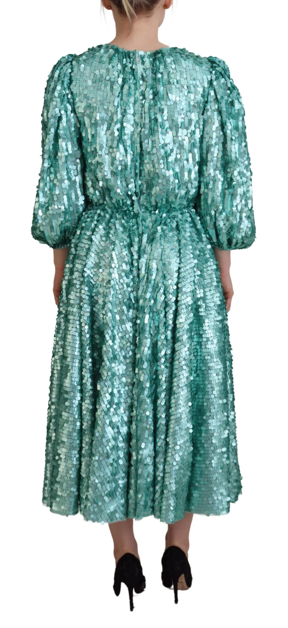 Dolce & Gabbana Blaues paillettenbesetztes plissiertes Aline Midi-Nylonkleid