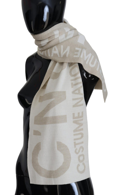 Costume National Beige Weiß Logo Wickelwärmer Schal Schal