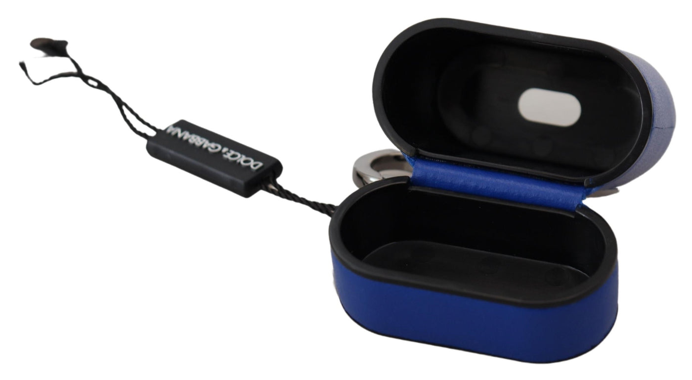 Dolce & Gabbana Blaues Leder Silber Metall Logo Airpods Etui