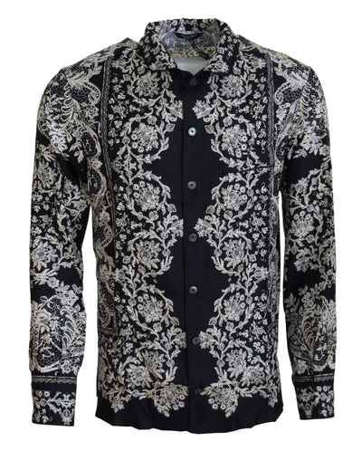 Dolce & Gabbana Blaues Seidenblumen Barock Satin Freizeithemd