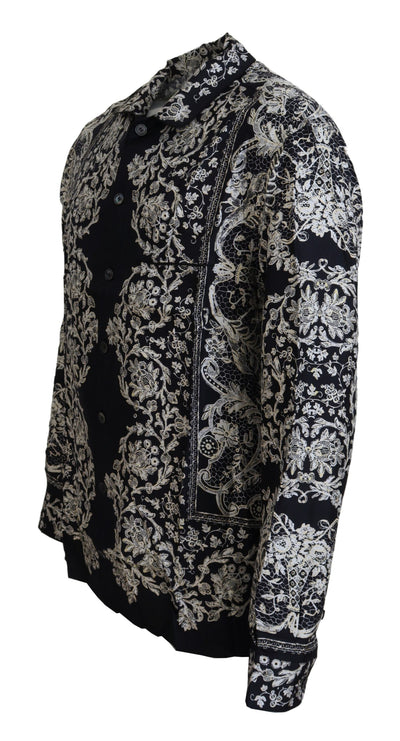 Dolce & Gabbana Blaues Seidenblumen Barock Satin Freizeithemd