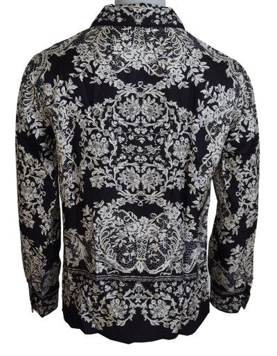 Dolce & Gabbana Blaues Seidenblumen Barock Satin Freizeithemd