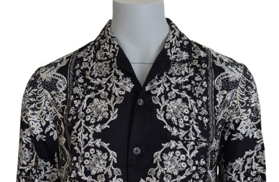 Dolce & Gabbana Blaues Seidenblumen Barock Satin Freizeithemd