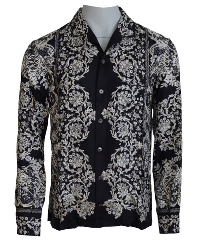 Dolce & Gabbana Blaues Seidenblumen Barock Satin Freizeithemd