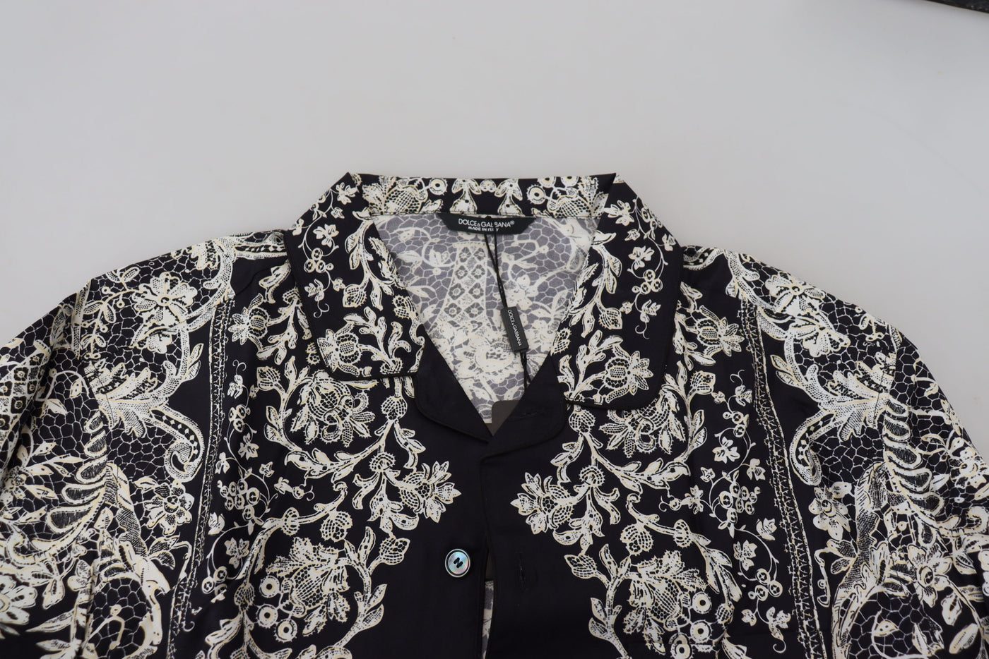 Dolce & Gabbana Blaues Seidenblumen Barock Satin Freizeithemd